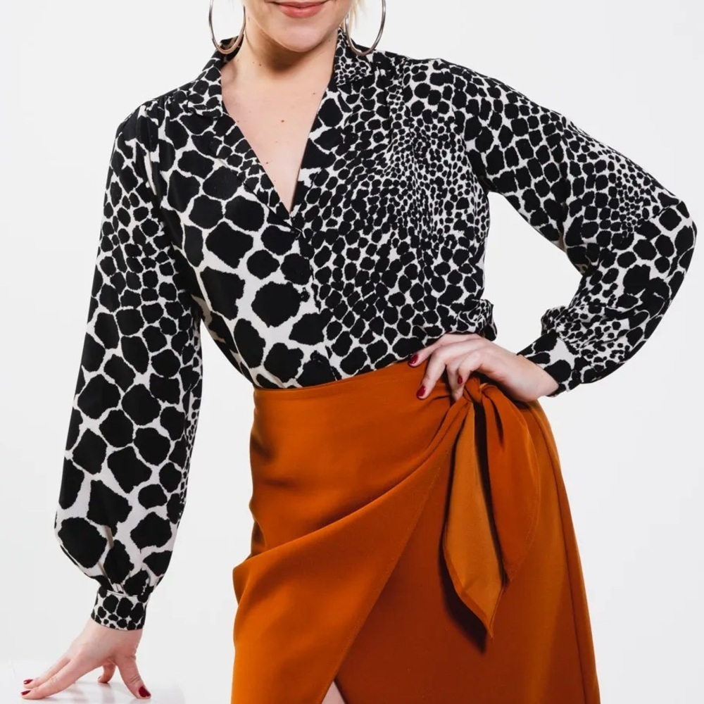 Topshop Black & Cream Zebra Animal Print Button Up Blouse Size 4 Small